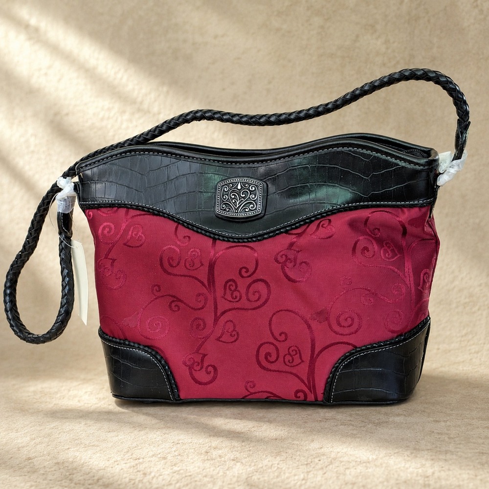 NWT Coldwater Creek Heart Jacquard Bucket Bag Burgundy Red Black Faux Croc
